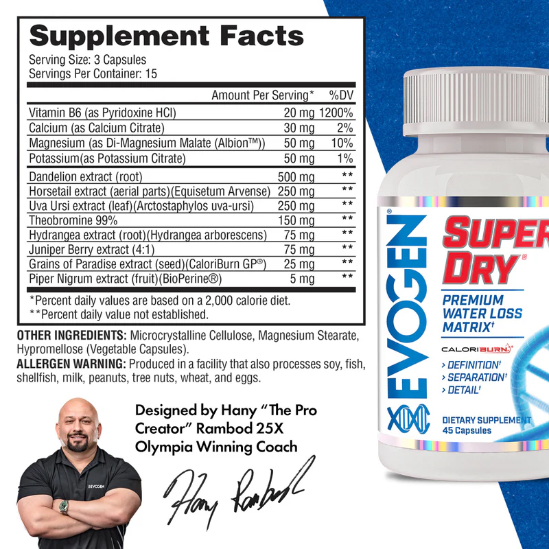 EVOGEN SUPER DRY 2 Evogen Super Dry water balance support supplement designed for conditioning and cutting phases available at Body Delights.